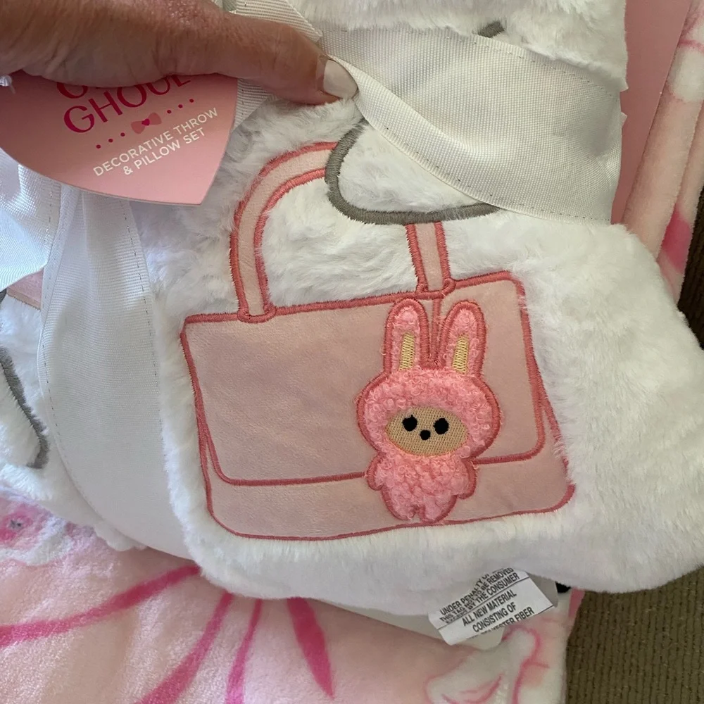 Glam Ghoul Pink Coquette Ghost Holding Stanley and Labubu Throw and Pillow Set